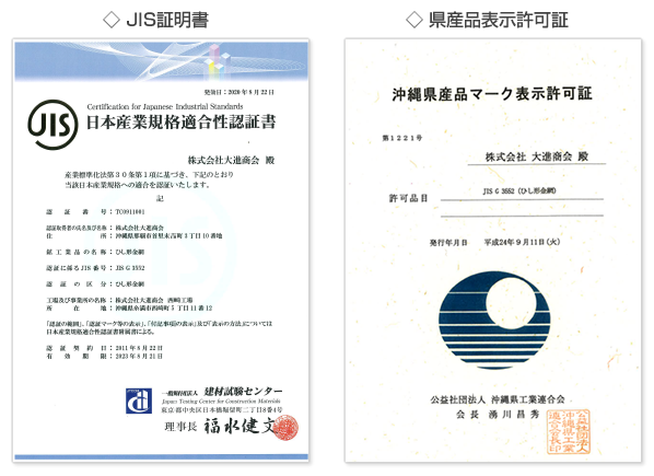 ひし形金網 - JIS証明書、県産品表示許可書